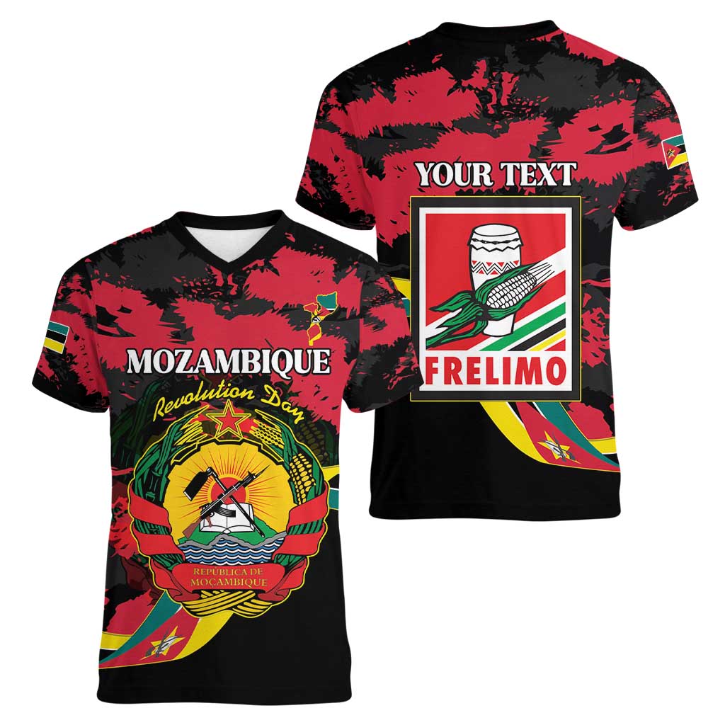 Personalized Mozambique Revolution Day Women V-Neck T-Shirt Coat Of Arms FRELIMO - Wonder Print Shop