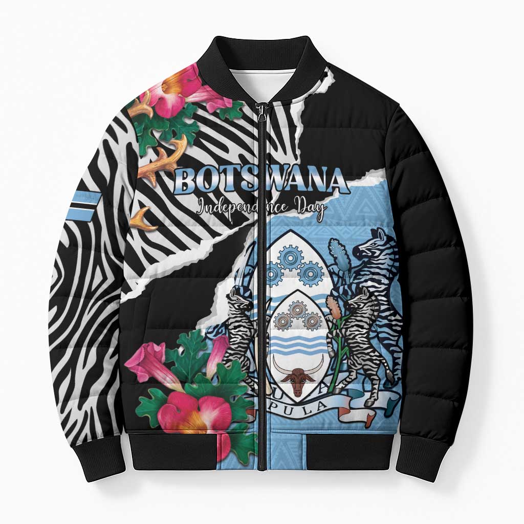 Personalized Botswana Independence Day Bomber Puffer Jacket Coat Of Arms Devils Claw - Wonder Print Shop