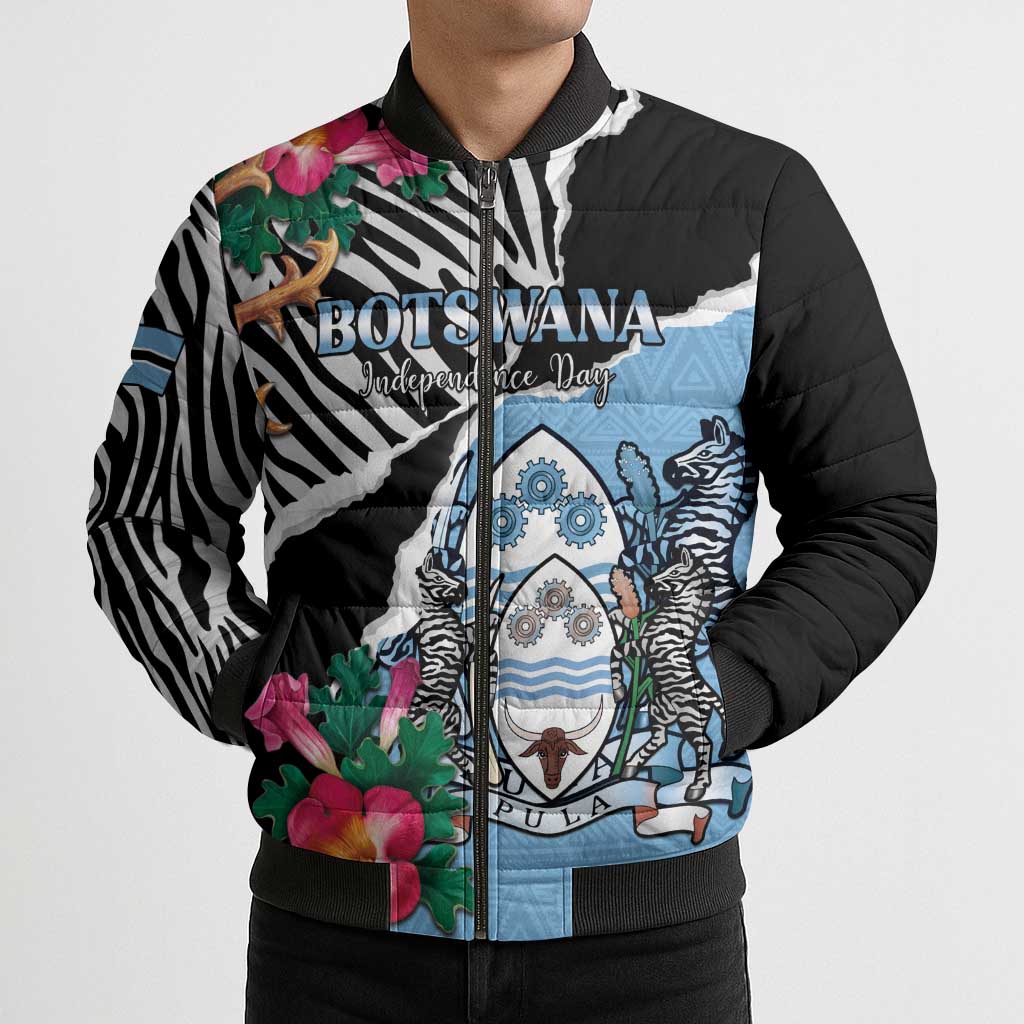 Personalized Botswana Independence Day Bomber Puffer Jacket Coat Of Arms Devils Claw - Wonder Print Shop
