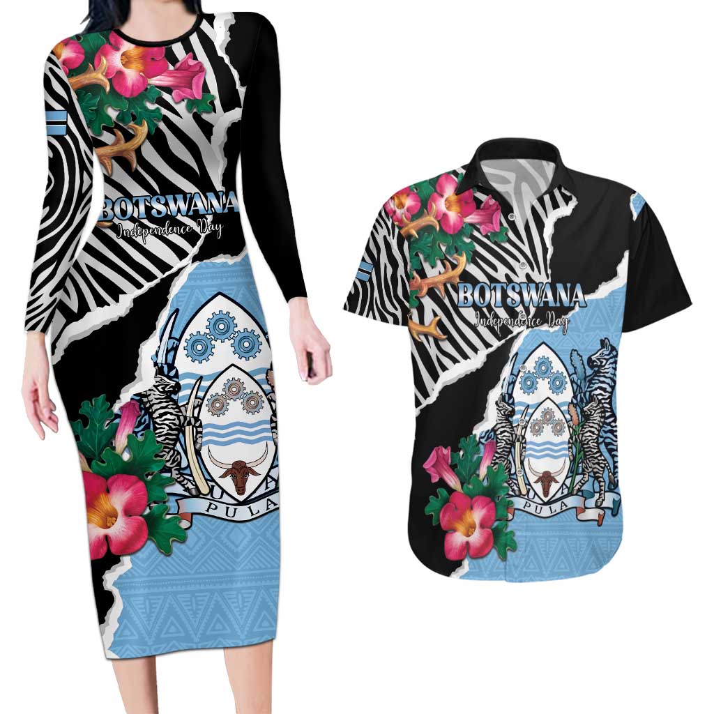 Personalized Botswana Independence Day Couples Matching Long Sleeve Bodycon Dress and Hawaiian Shirt Coat Of Arms Devils Claw - Wonder Print Shop