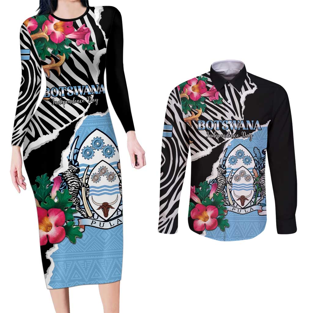 Personalized Botswana Independence Day Couples Matching Long Sleeve Bodycon Dress and Long Sleeve Button Shirt Coat Of Arms Devils Claw - Wonder Print Shop