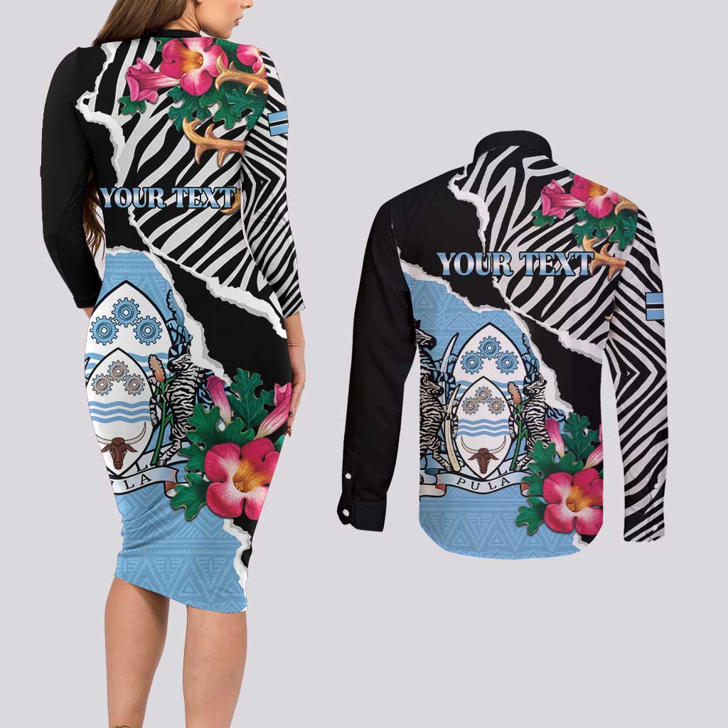 Personalized Botswana Independence Day Couples Matching Long Sleeve Bodycon Dress and Long Sleeve Button Shirt Coat Of Arms Devils Claw - Wonder Print Shop