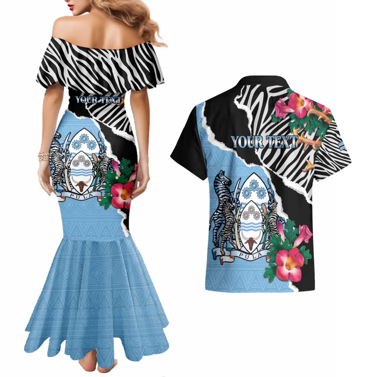 Personalized Botswana Independence Day Couples Matching Mermaid Dress and Hawaiian Shirt Coat Of Arms Devils Claw - Wonder Print Shop