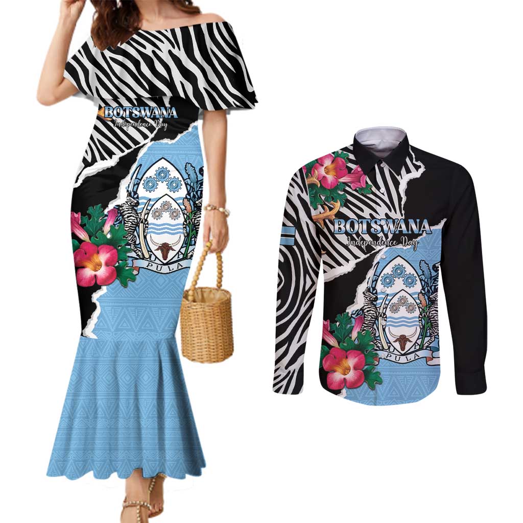 Personalized Botswana Independence Day Couples Matching Mermaid Dress and Long Sleeve Button Shirt Coat Of Arms Devils Claw - Wonder Print Shop