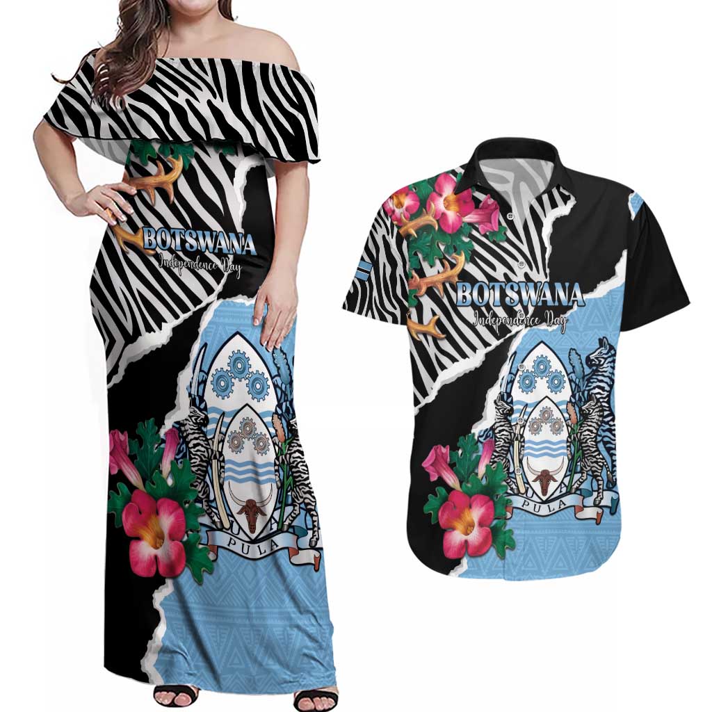 Personalized Botswana Independence Day Couples Matching Off Shoulder Maxi Dress and Hawaiian Shirt Coat Of Arms Devils Claw - Wonder Print Shop