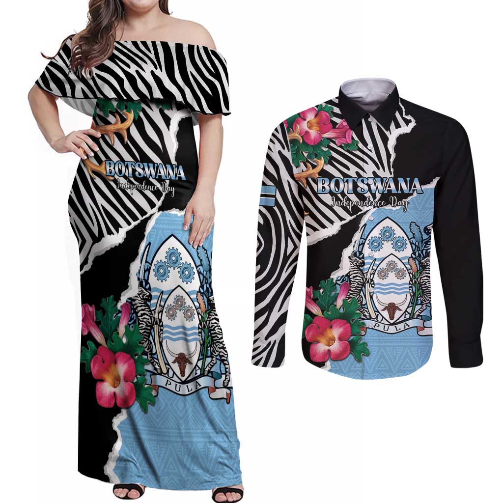 Personalized Botswana Independence Day Couples Matching Off Shoulder Maxi Dress and Long Sleeve Button Shirt Coat Of Arms Devils Claw - Wonder Print Shop