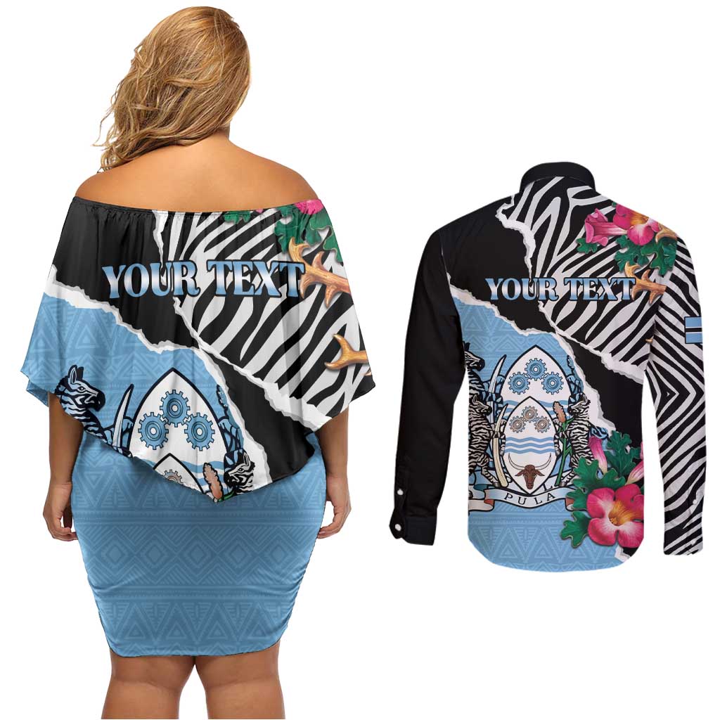 Personalized Botswana Independence Day Couples Matching Off Shoulder Short Dress and Long Sleeve Button Shirt Coat Of Arms Devils Claw - Wonder Print Shop