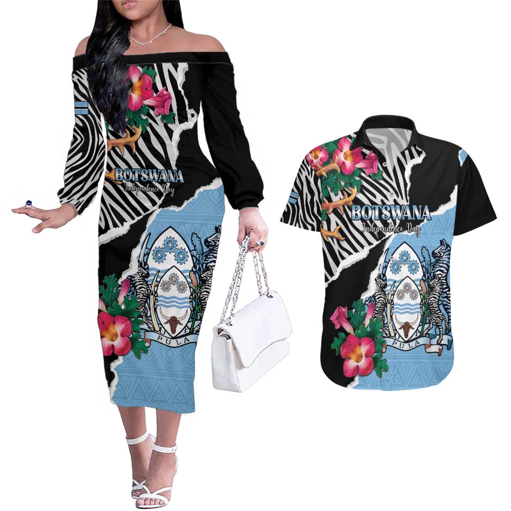 Personalized Botswana Independence Day Couples Matching Off The Shoulder Long Sleeve Dress and Hawaiian Shirt Coat Of Arms Devils Claw - Wonder Print Shop