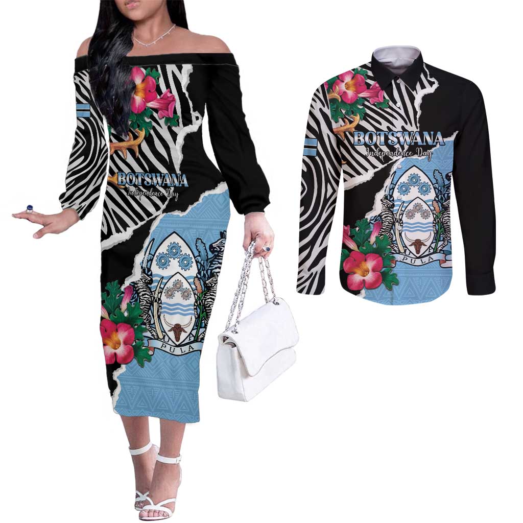 Personalized Botswana Independence Day Couples Matching Off The Shoulder Long Sleeve Dress and Long Sleeve Button Shirt Coat Of Arms Devils Claw - Wonder Print Shop