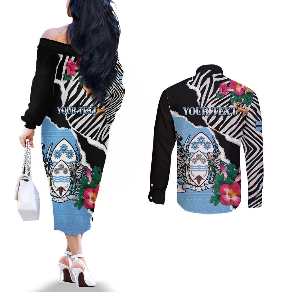 Personalized Botswana Independence Day Couples Matching Off The Shoulder Long Sleeve Dress and Long Sleeve Button Shirt Coat Of Arms Devils Claw - Wonder Print Shop