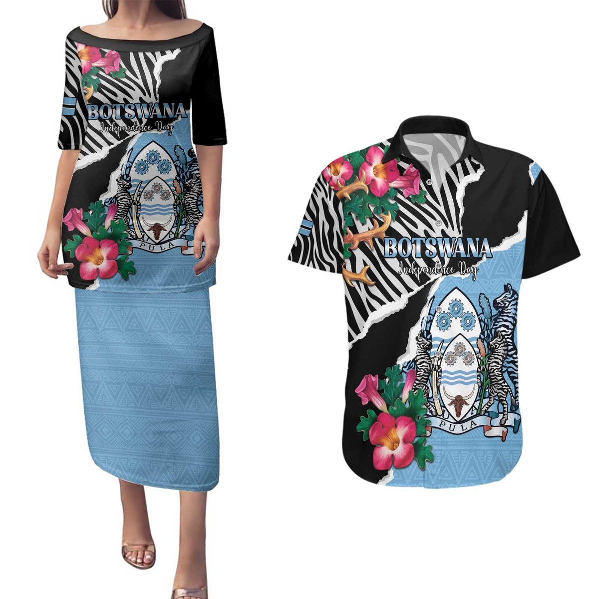 Personalized Botswana Independence Day Couples Matching Puletasi and Hawaiian Shirt Coat Of Arms Devils Claw - Wonder Print Shop