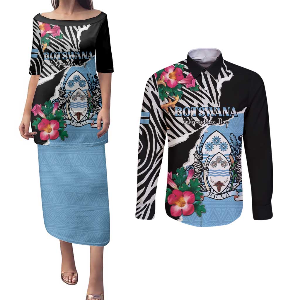 Personalized Botswana Independence Day Couples Matching Puletasi and Long Sleeve Button Shirt Coat Of Arms Devils Claw - Wonder Print Shop
