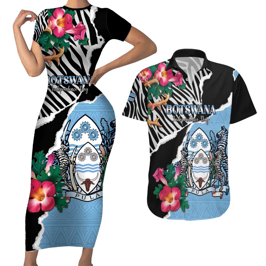 Personalized Botswana Independence Day Couples Matching Short Sleeve Bodycon Dress and Hawaiian Shirt Coat Of Arms Devils Claw - Wonder Print Shop