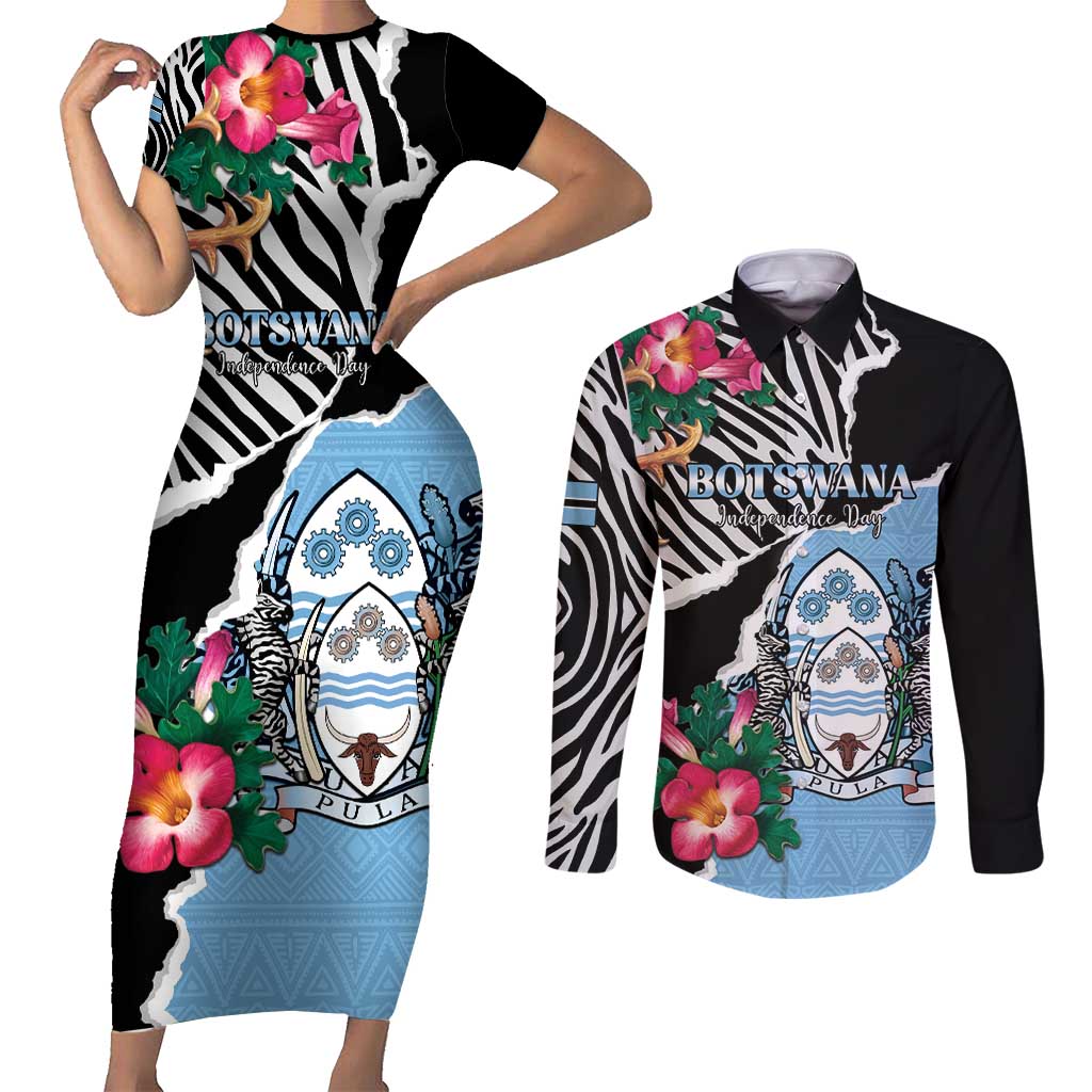 Personalized Botswana Independence Day Couples Matching Short Sleeve Bodycon Dress and Long Sleeve Button Shirt Coat Of Arms Devils Claw - Wonder Print Shop