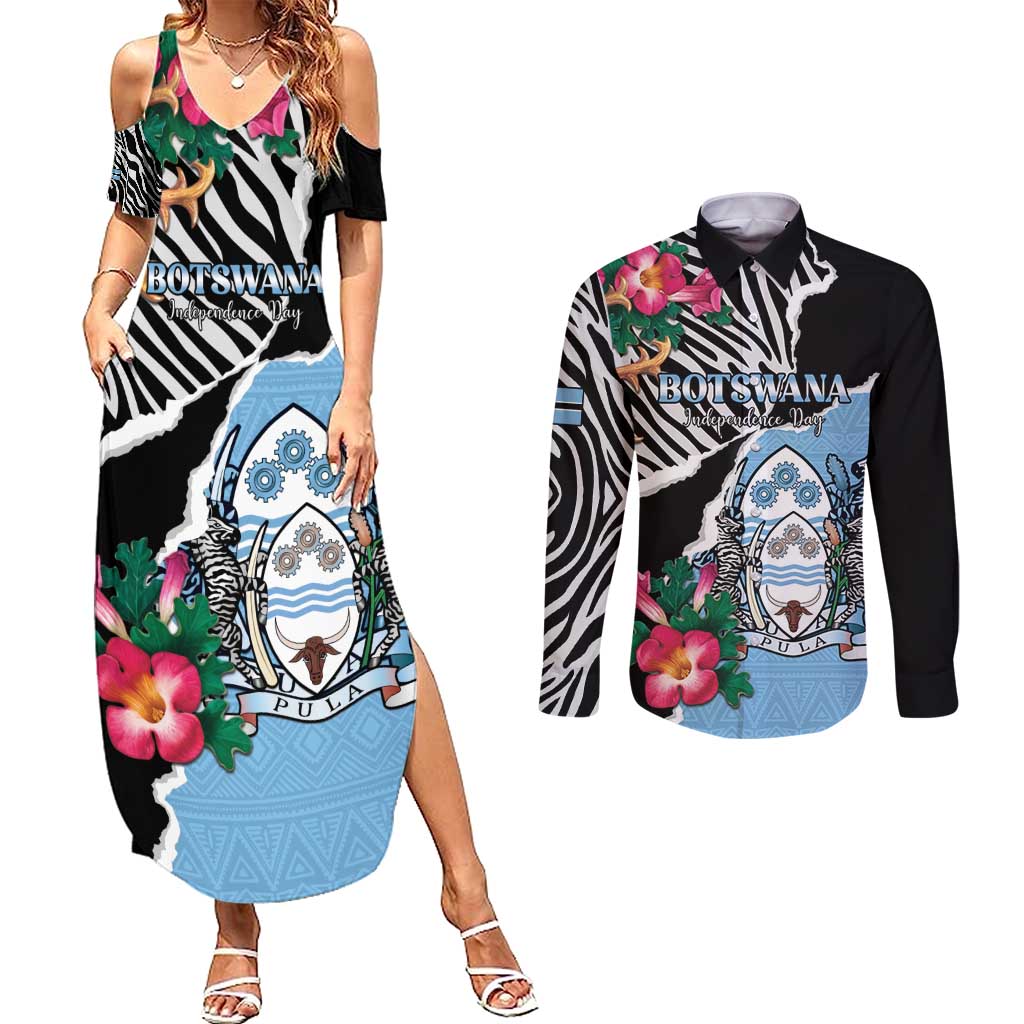 Personalized Botswana Independence Day Couples Matching Summer Maxi Dress and Long Sleeve Button Shirt Coat Of Arms Devils Claw - Wonder Print Shop