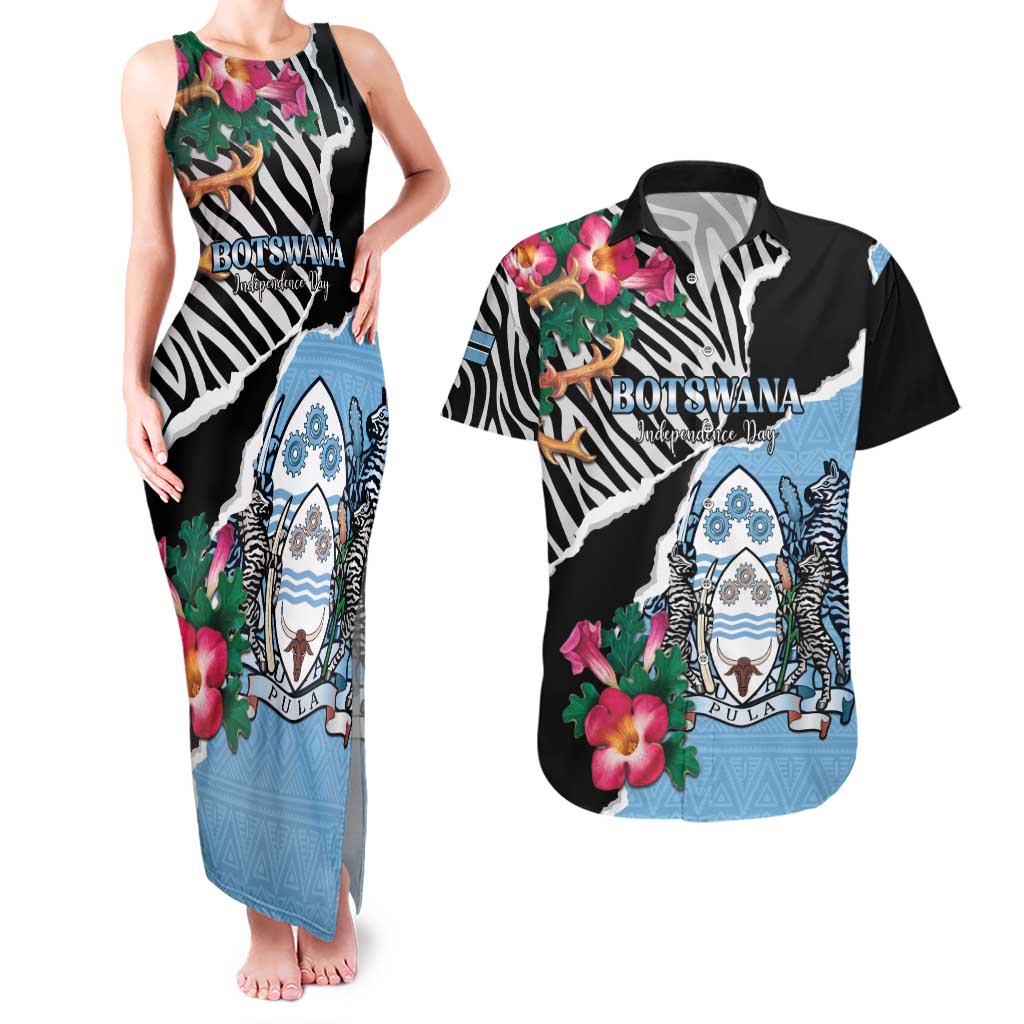 Personalized Botswana Independence Day Couples Matching Tank Maxi Dress and Hawaiian Shirt Coat Of Arms Devils Claw - Wonder Print Shop