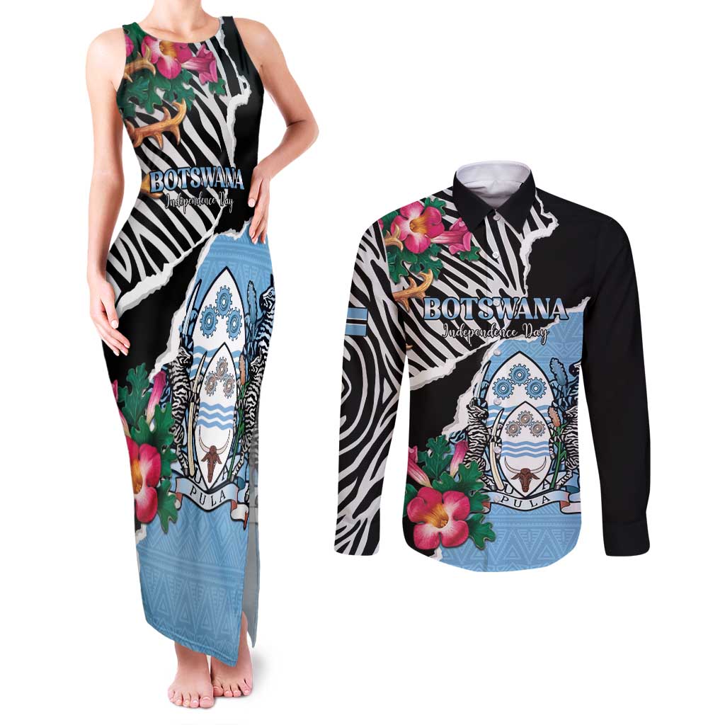 Personalized Botswana Independence Day Couples Matching Tank Maxi Dress and Long Sleeve Button Shirt Coat Of Arms Devils Claw - Wonder Print Shop