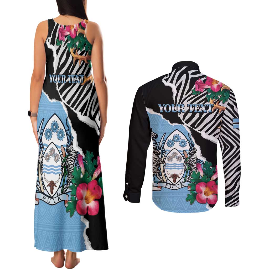 Personalized Botswana Independence Day Couples Matching Tank Maxi Dress and Long Sleeve Button Shirt Coat Of Arms Devils Claw - Wonder Print Shop