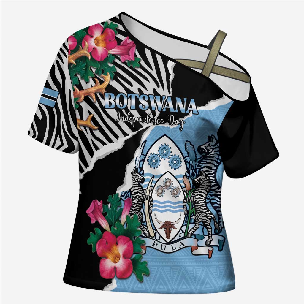 Personalized Botswana Independence Day Cross Shoulder Shirt Coat Of Arms Devils Claw - Wonder Print Shop