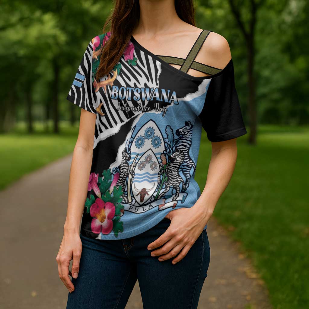 Personalized Botswana Independence Day Cross Shoulder Shirt Coat Of Arms Devils Claw - Wonder Print Shop