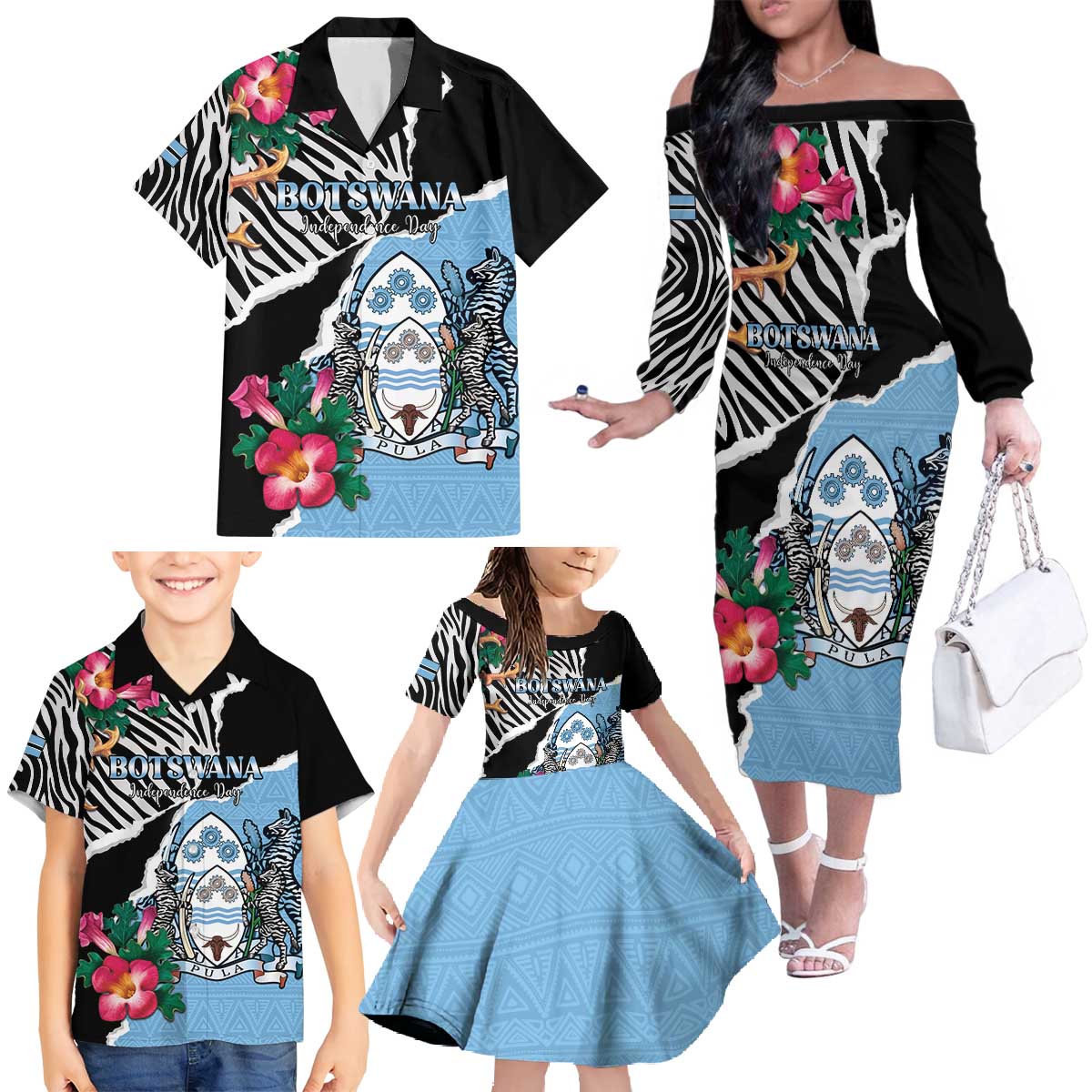 Personalized Botswana Independence Day Family Matching Off The Shoulder Long Sleeve Dress and Hawaiian Shirt Coat Of Arms Devils Claw - Wonder Print Shop