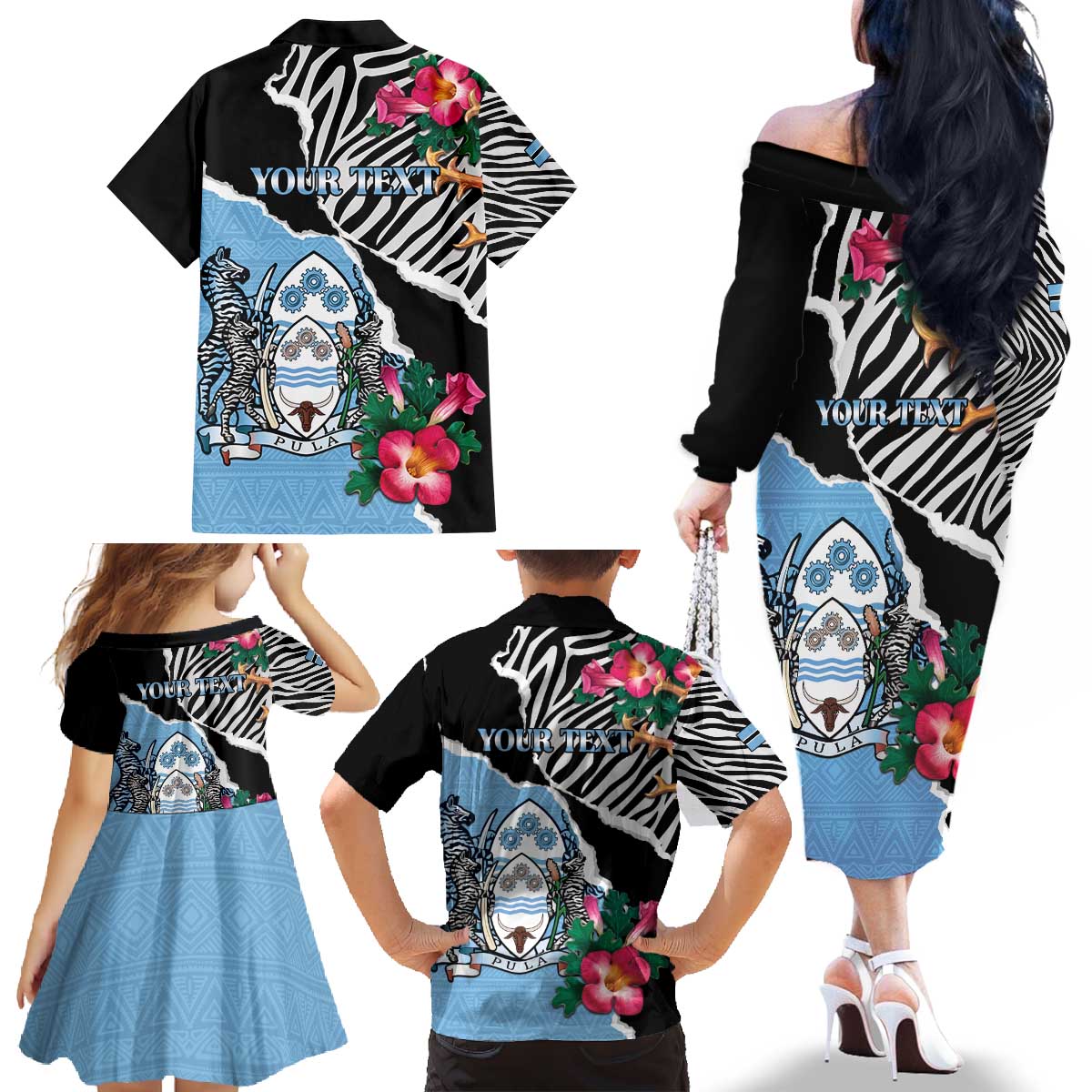 Personalized Botswana Independence Day Family Matching Off The Shoulder Long Sleeve Dress and Hawaiian Shirt Coat Of Arms Devils Claw - Wonder Print Shop