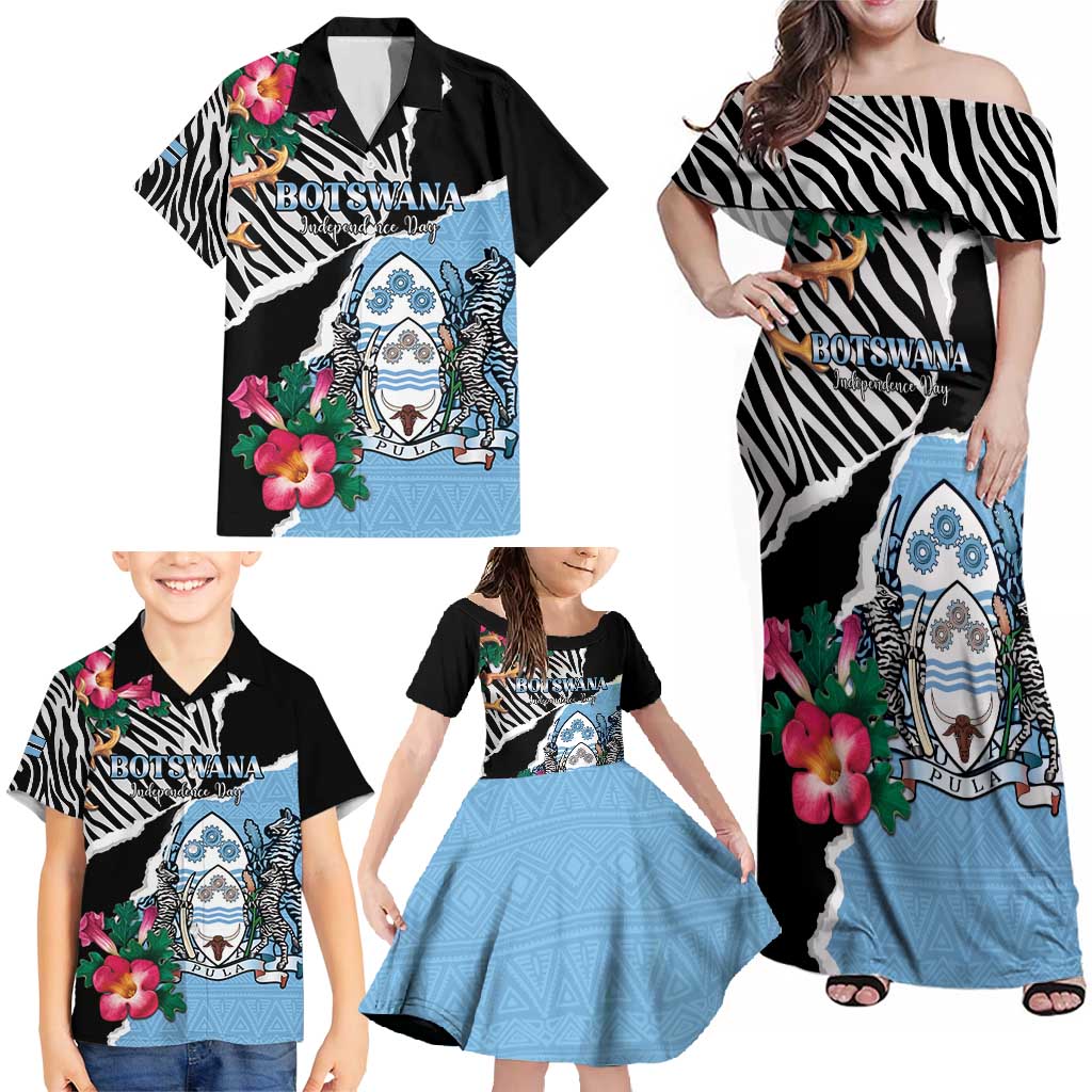 Personalized Botswana Independence Day Family Matching Off Shoulder Maxi Dress and Hawaiian Shirt Coat Of Arms Devils Claw - Wonder Print Shop