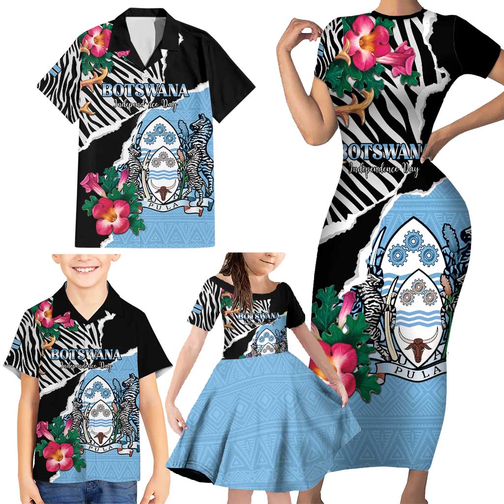 Personalized Botswana Independence Day Family Matching Short Sleeve Bodycon Dress and Hawaiian Shirt Coat Of Arms Devils Claw - Wonder Print Shop