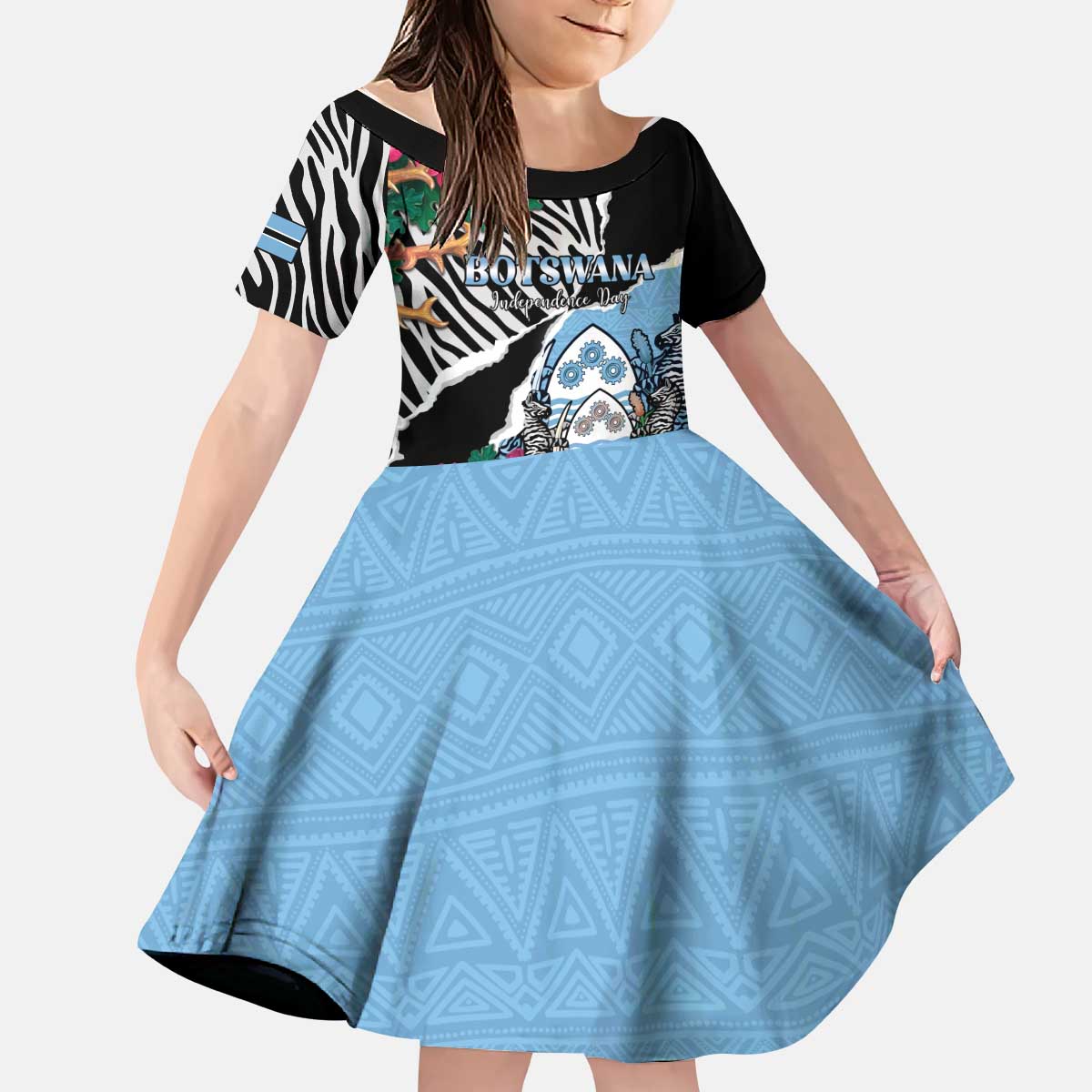 Personalized Botswana Independence Day Kid Short Sleeve Dress Coat Of Arms Devils Claw - Wonder Print Shop