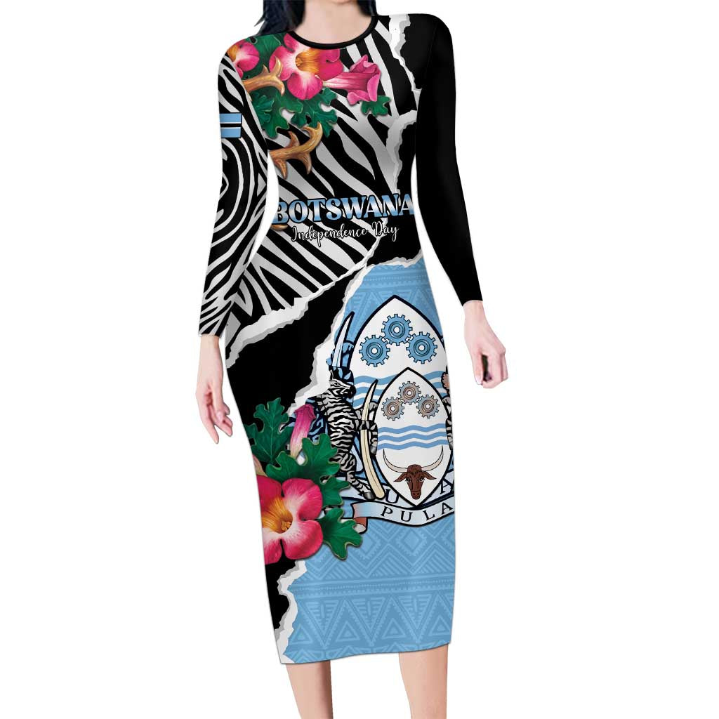 Personalized Botswana Independence Day Long Sleeve Bodycon Dress Coat Of Arms Devils Claw - Wonder Print Shop