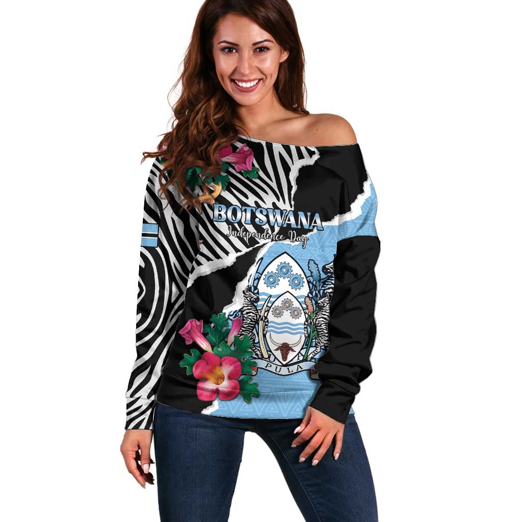 Personalized Botswana Independence Day Off Shoulder Sweater Coat Of Arms Devils Claw - Wonder Print Shop