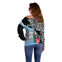 Personalized Botswana Independence Day Off Shoulder Sweater Coat Of Arms Devils Claw - Wonder Print Shop