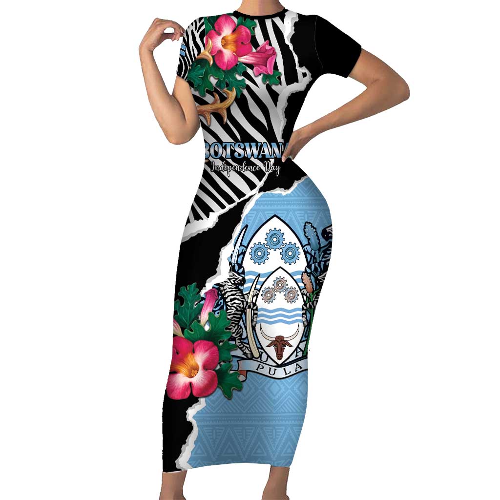 Personalized Botswana Independence Day Short Sleeve Bodycon Dress Coat Of Arms Devils Claw - Wonder Print Shop