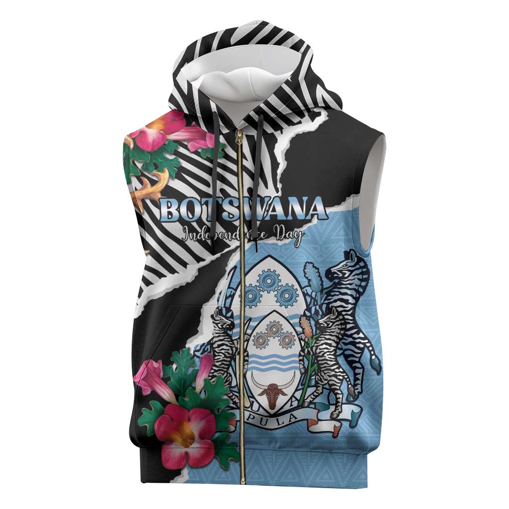 Personalized Botswana Independence Day Sleeveless Zip Hoodie Coat Of Arms Devils Claw - Wonder Print Shop