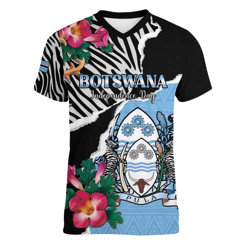Personalized Botswana Independence Day Women V-Neck T-Shirt Coat Of Arms Devils Claw - Wonder Print Shop