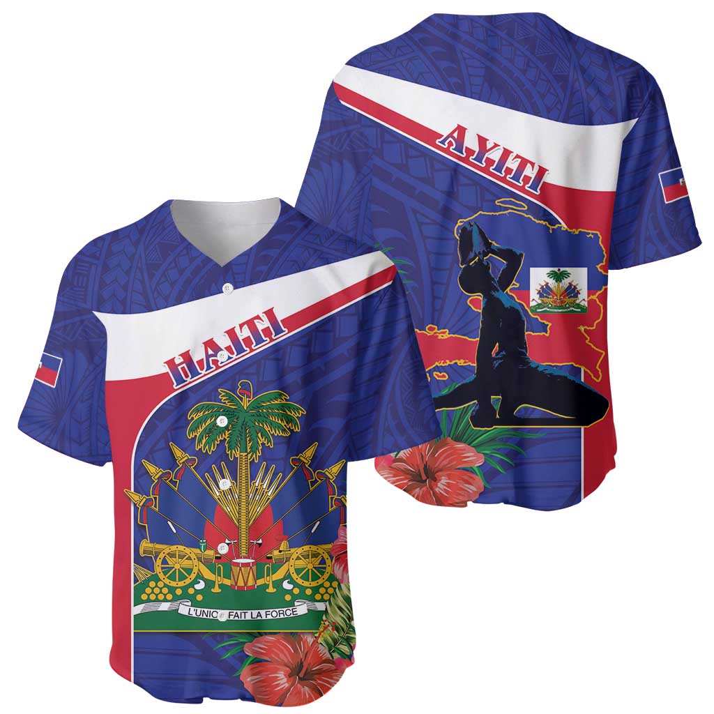 Haiti Baseball Jersey Neg Marron Ayiti Map - Hibiscus Polynesian - Wonder Print Shop