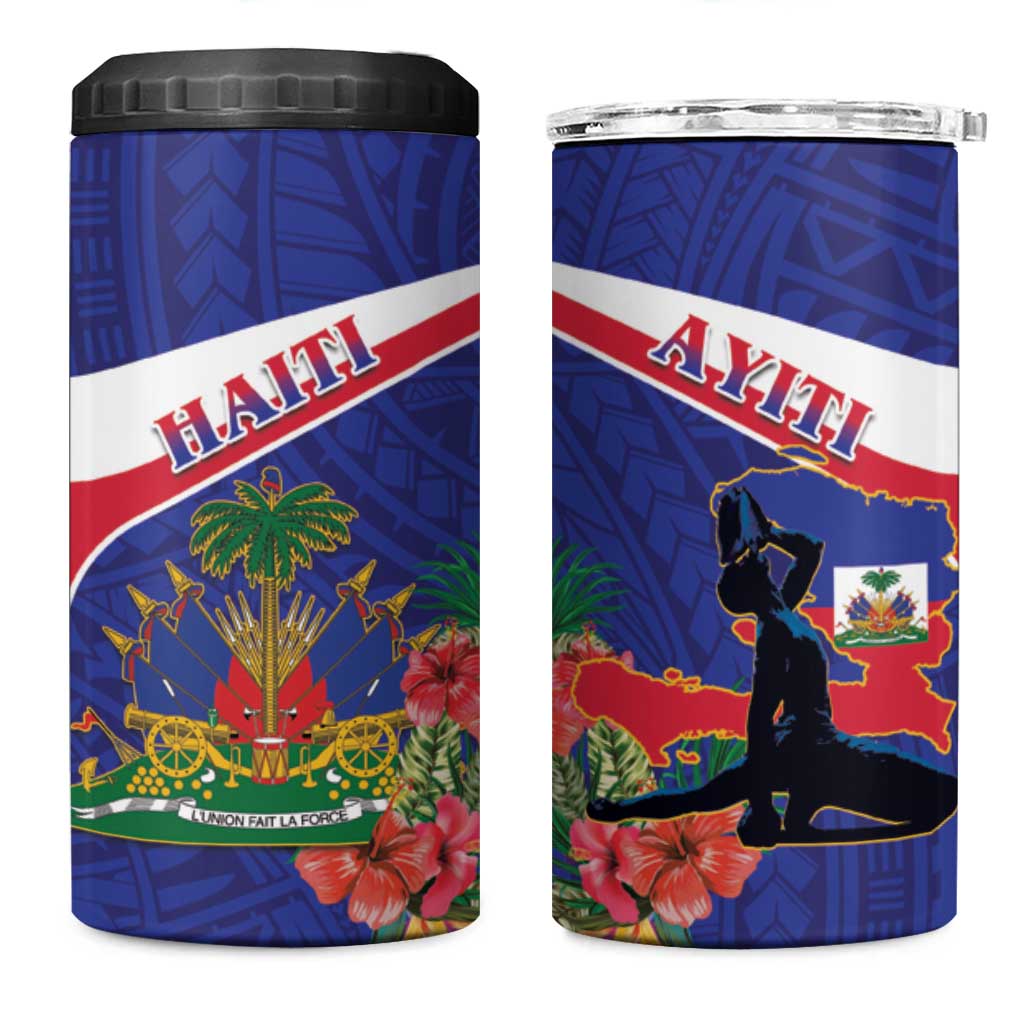 Haiti 4 in 1 Can Cooler Tumbler Neg Marron Ayiti Map - Hibiscus Polynesian - Wonder Print Shop
