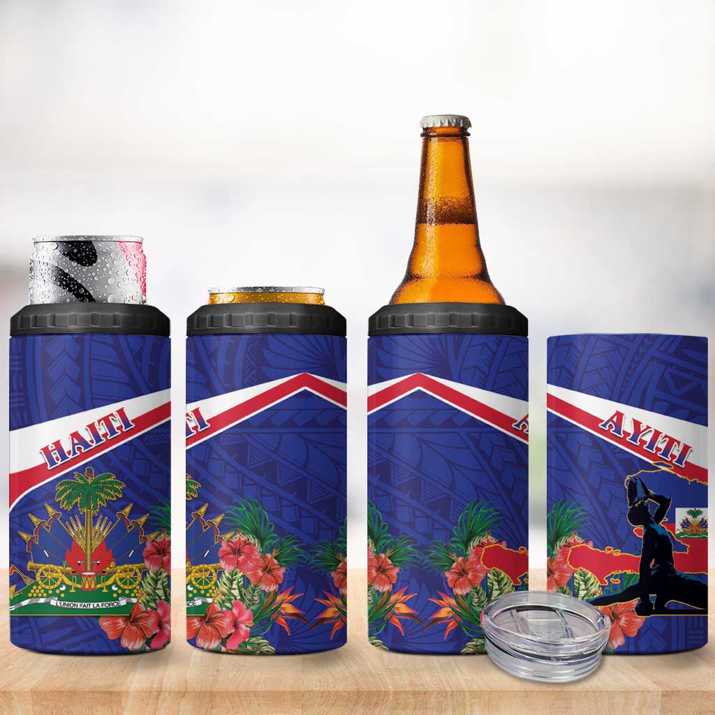 Haiti 4 in 1 Can Cooler Tumbler Neg Marron Ayiti Map - Hibiscus Polynesian - Wonder Print Shop