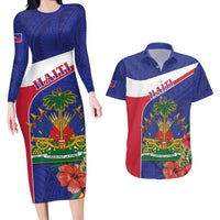 Haiti Couples Matching Long Sleeve Bodycon Dress and Hawaiian Shirt Neg Marron Ayiti Map - Hibiscus Polynesian - Wonder Print Shop