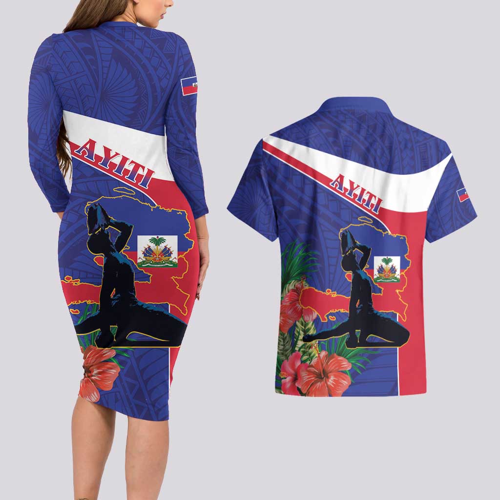 Haiti Couples Matching Long Sleeve Bodycon Dress and Hawaiian Shirt Neg Marron Ayiti Map - Hibiscus Polynesian - Wonder Print Shop
