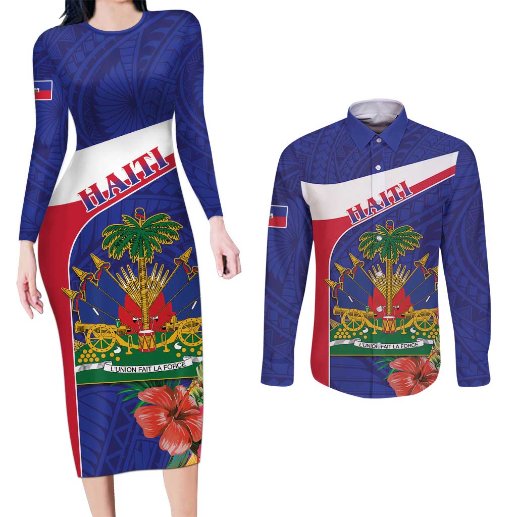 Haiti Couples Matching Long Sleeve Bodycon Dress and Long Sleeve Button Shirt Neg Marron Ayiti Map - Hibiscus Polynesian - Wonder Print Shop