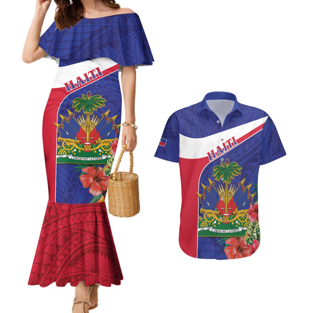 Haiti Couples Matching Mermaid Dress and Hawaiian Shirt Neg Marron Ayiti Map - Hibiscus Polynesian - Wonder Print Shop