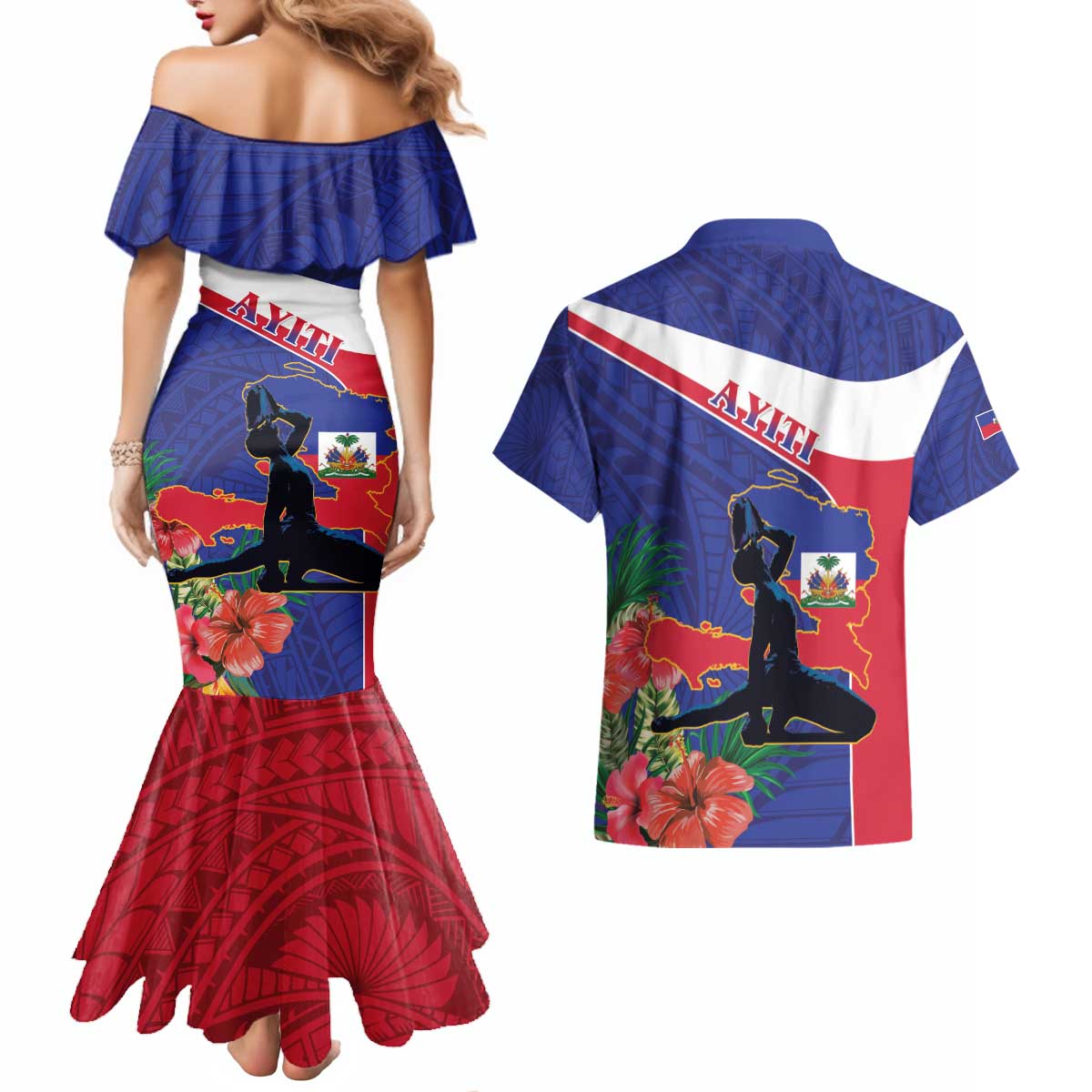 Haiti Couples Matching Mermaid Dress and Hawaiian Shirt Neg Marron Ayiti Map - Hibiscus Polynesian - Wonder Print Shop