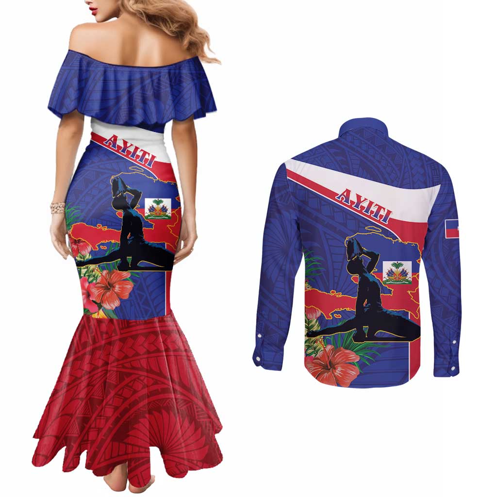 Haiti Couples Matching Mermaid Dress and Long Sleeve Button Shirt Neg Marron Ayiti Map - Hibiscus Polynesian