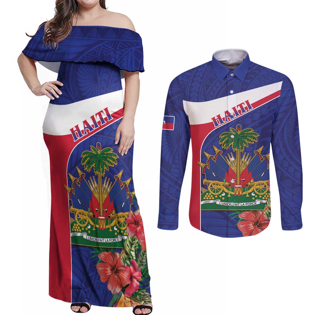 Haiti Couples Matching Off Shoulder Maxi Dress and Long Sleeve Button Shirt Neg Marron Ayiti Map - Hibiscus Polynesian - Wonder Print Shop
