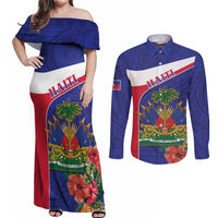 Haiti Couples Matching Off Shoulder Maxi Dress and Long Sleeve Button Shirt Neg Marron Ayiti Map - Hibiscus Polynesian - Wonder Print Shop