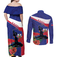 Haiti Couples Matching Off Shoulder Maxi Dress and Long Sleeve Button Shirt Neg Marron Ayiti Map - Hibiscus Polynesian - Wonder Print Shop