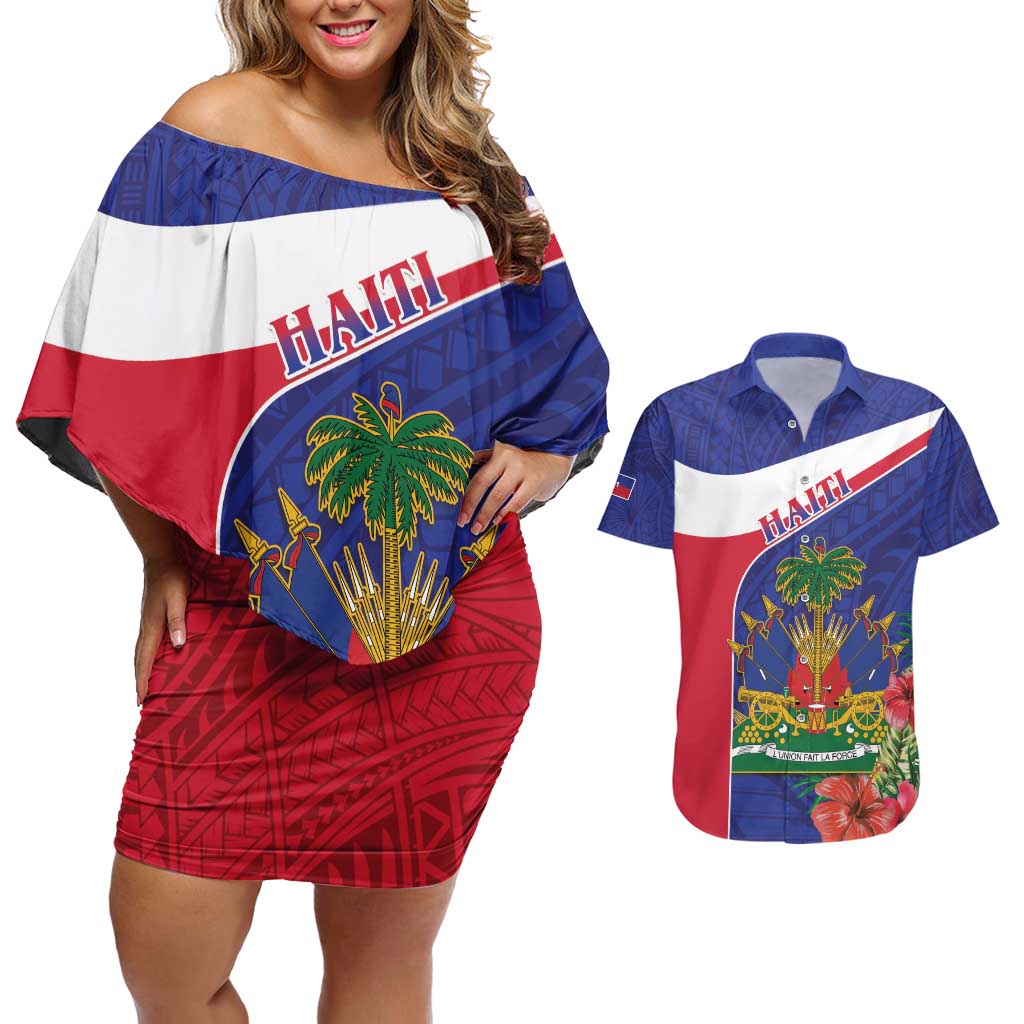 Haiti Couples Matching Off Shoulder Short Dress and Hawaiian Shirt Neg Marron Ayiti Map - Hibiscus Polynesian - Wonder Print Shop