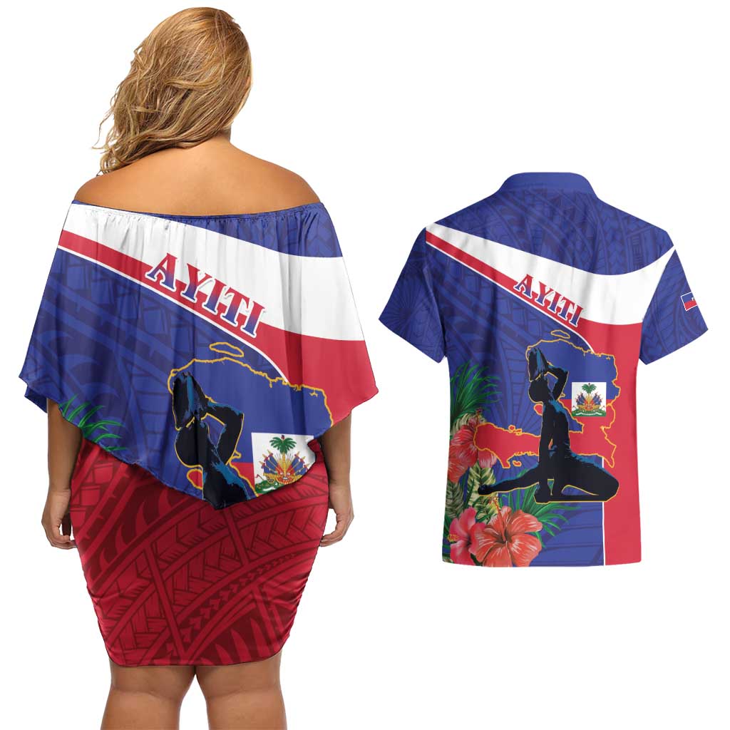 Haiti Couples Matching Off Shoulder Short Dress and Hawaiian Shirt Neg Marron Ayiti Map - Hibiscus Polynesian - Wonder Print Shop