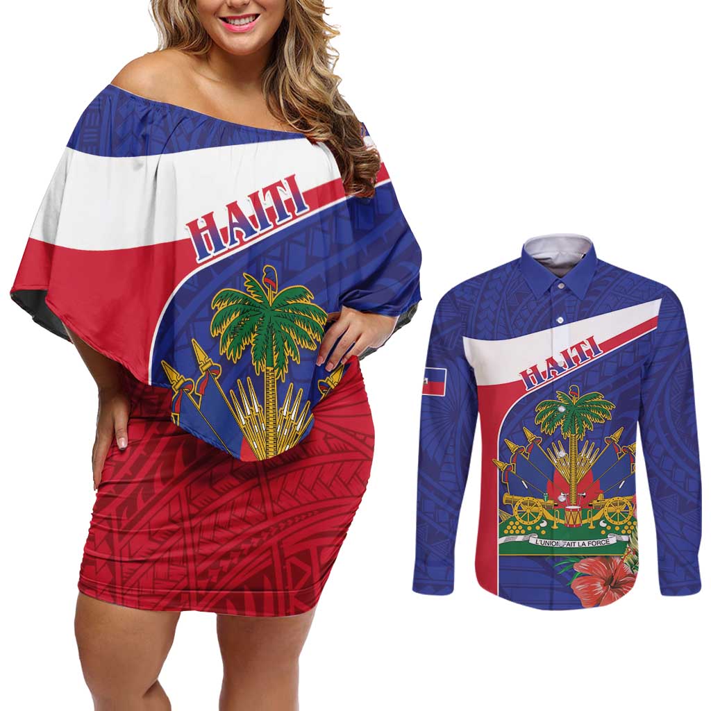 Haiti Couples Matching Off Shoulder Short Dress and Long Sleeve Button Shirt Neg Marron Ayiti Map - Hibiscus Polynesian - Wonder Print Shop